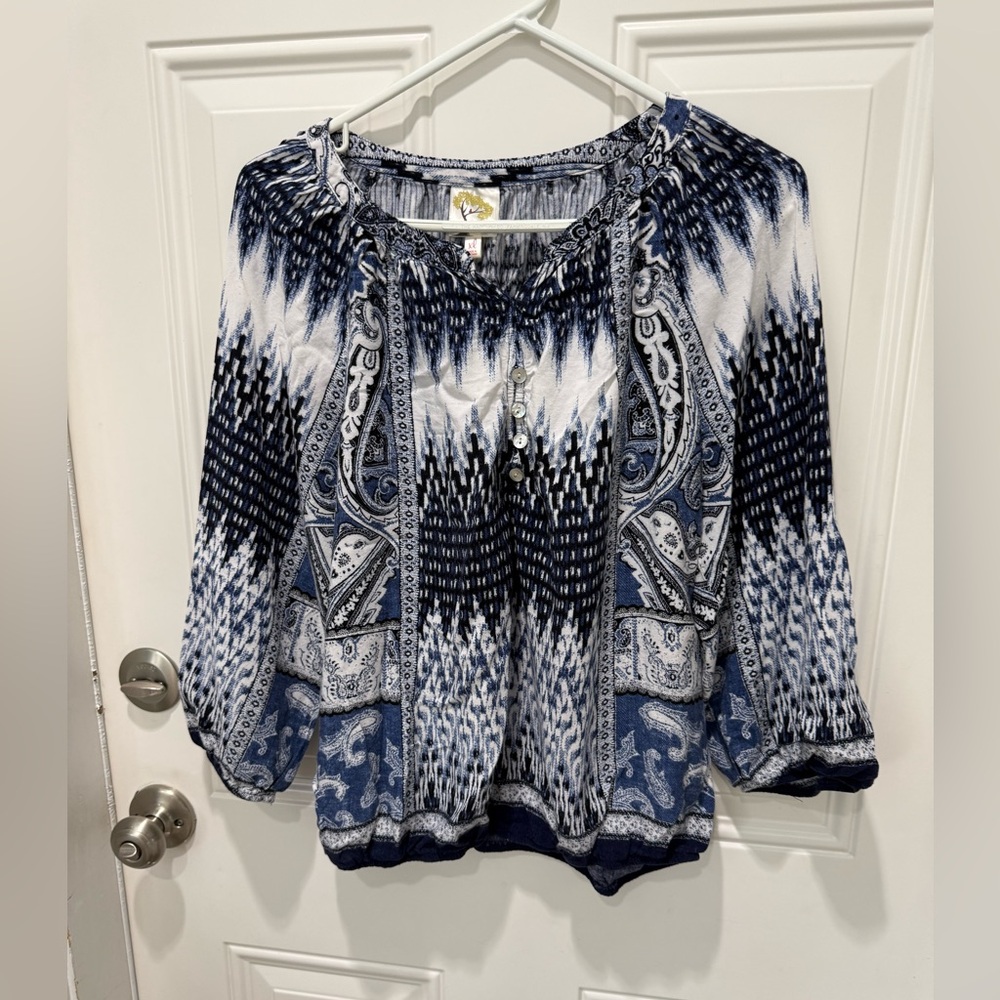fig and flower Navy & White Patterned Peasant Blouse size XL
